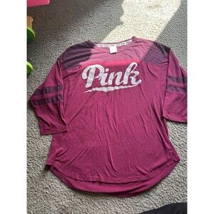 Victorias Secret 2 Toned Baseball T Style Crew Top Maroon Pink Sz LARGE